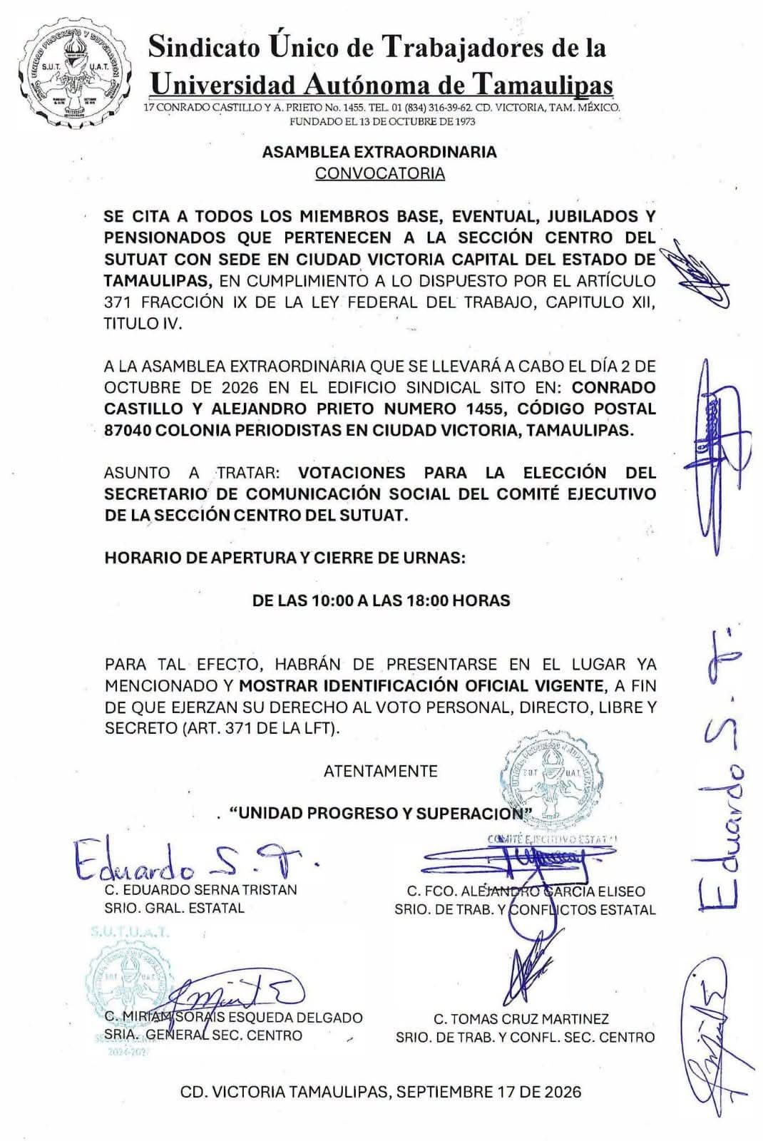 Comunicado Elección Secretaría de Comunicación Social SUTUAT
